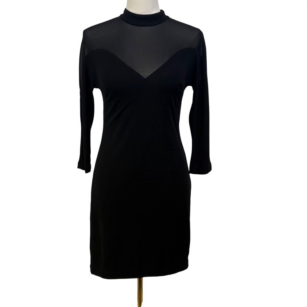 Y2K Bebe Womens Black Mesh Sheer Yoke Mock Neck Bodycon Mini Dress M Cocktail
